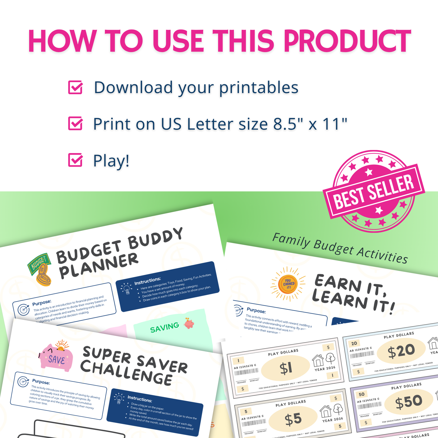 Product usage guide with 'Budget Buddy Planner' and 'Super Saver Challenge' printables on a white background.