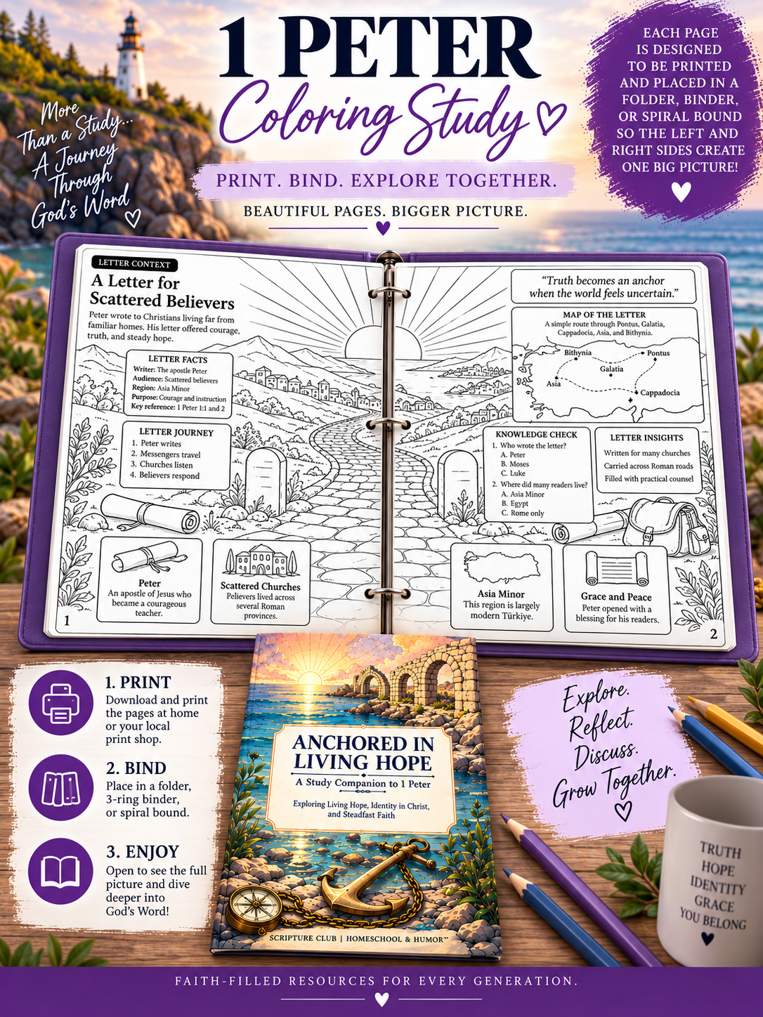 1 Peter study printable with Scripture and coloring pages