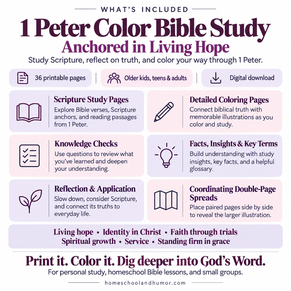 Promotional graphic for a '1 Peter Color Bible Study' digital download, outlining what is included: 36 printable pages, detailed coloring pages, scripture study pages, knowledge checks, facts and insights, reflection and application, and coordinating double-page spreads. The design features a pastel multicolor layout with icons and text on a white background.