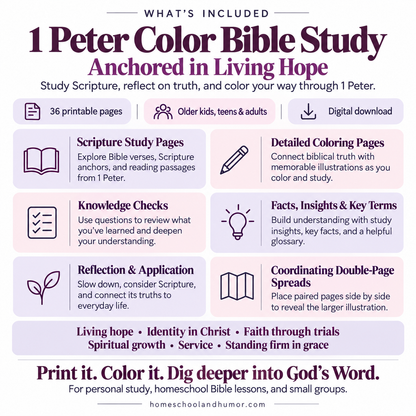 Promotional graphic for a '1 Peter Color Bible Study' digital download, outlining what is included: 36 printable pages, detailed coloring pages, scripture study pages, knowledge checks, facts and insights, reflection and application, and coordinating double-page spreads. The design features a pastel multicolor layout with icons and text on a white background.