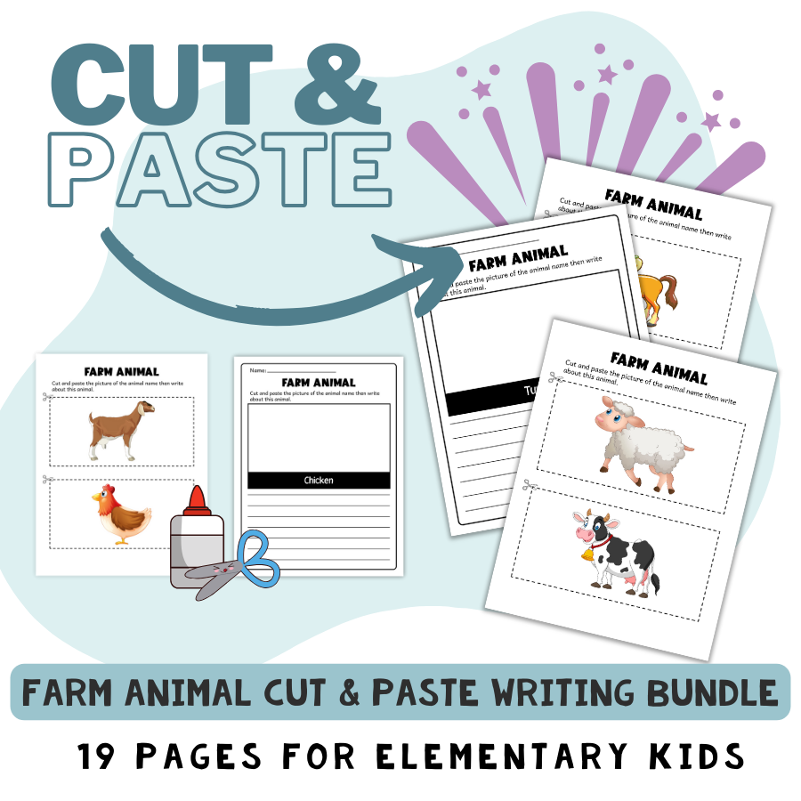 Cut and Paste Animals Worksheets Writing Bundle