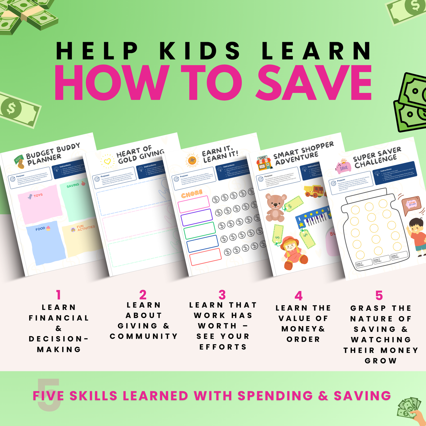 Educational worksheets for kids on saving money with a green background and dollar bills.