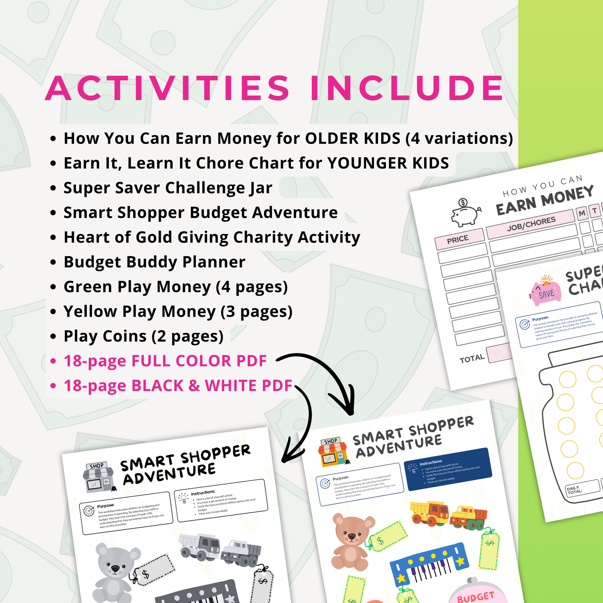 Educational materials for teaching children about money management on a white background.