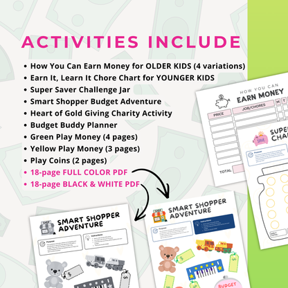 Educational materials for teaching children about money management on a white background.