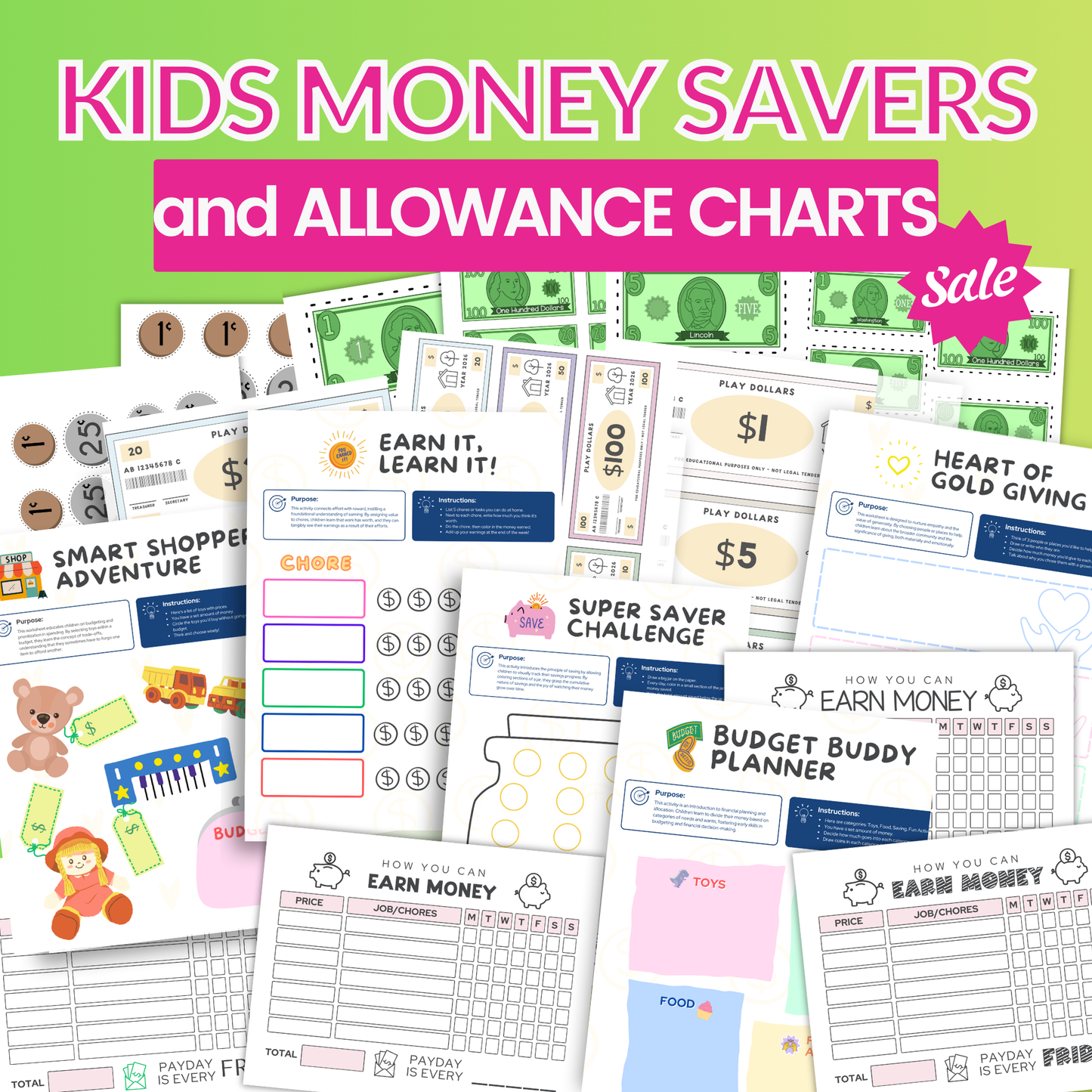 Allowance Chart, Reward Jar Printable, Responsibility Chart, Kids Chore Chart, Teen Money Tracker, Reward Bucks, Fake Money Kids Play Money