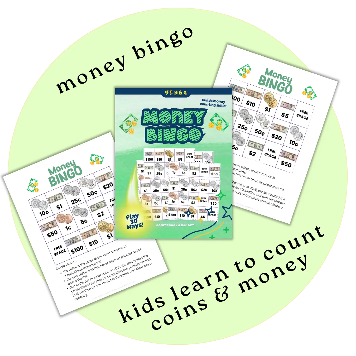 Money Bingo Cards for Kids Homeschool and Humor