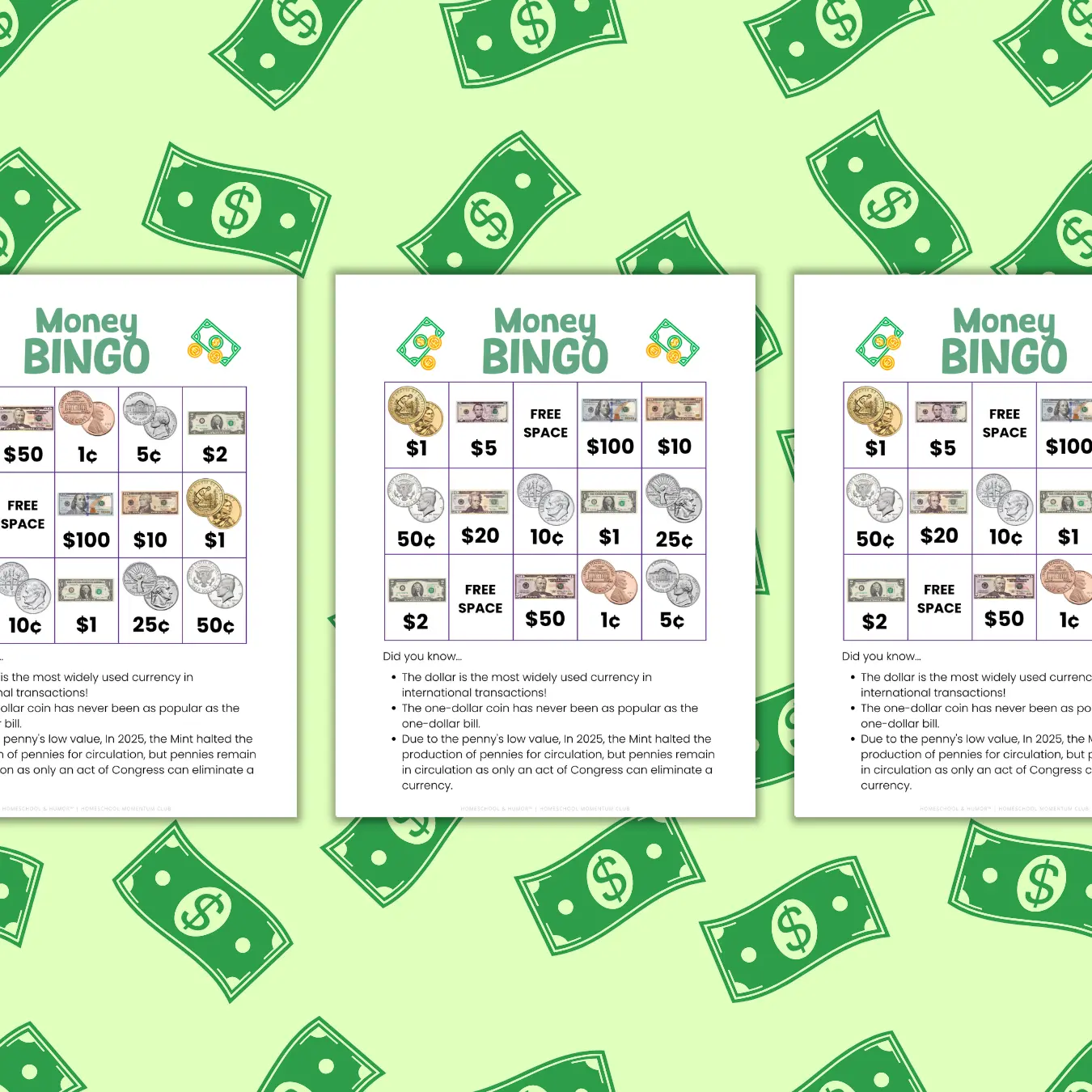 Money Bingo Cards for Kids Homeschool and Humor