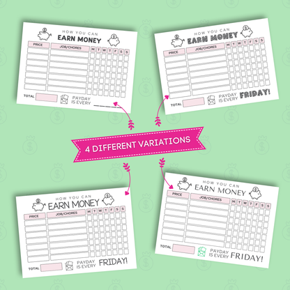 Four variations of a money management worksheet on a green background with a pink banner.